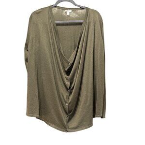 Garnet Hill Womens Olive Green 100% Cashmere Draped Button Cardigan Sweater M